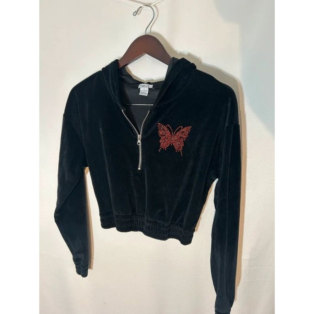 Y2K Cropped Rhinestone Butterfly Black Velvet Hoodie Rue 21